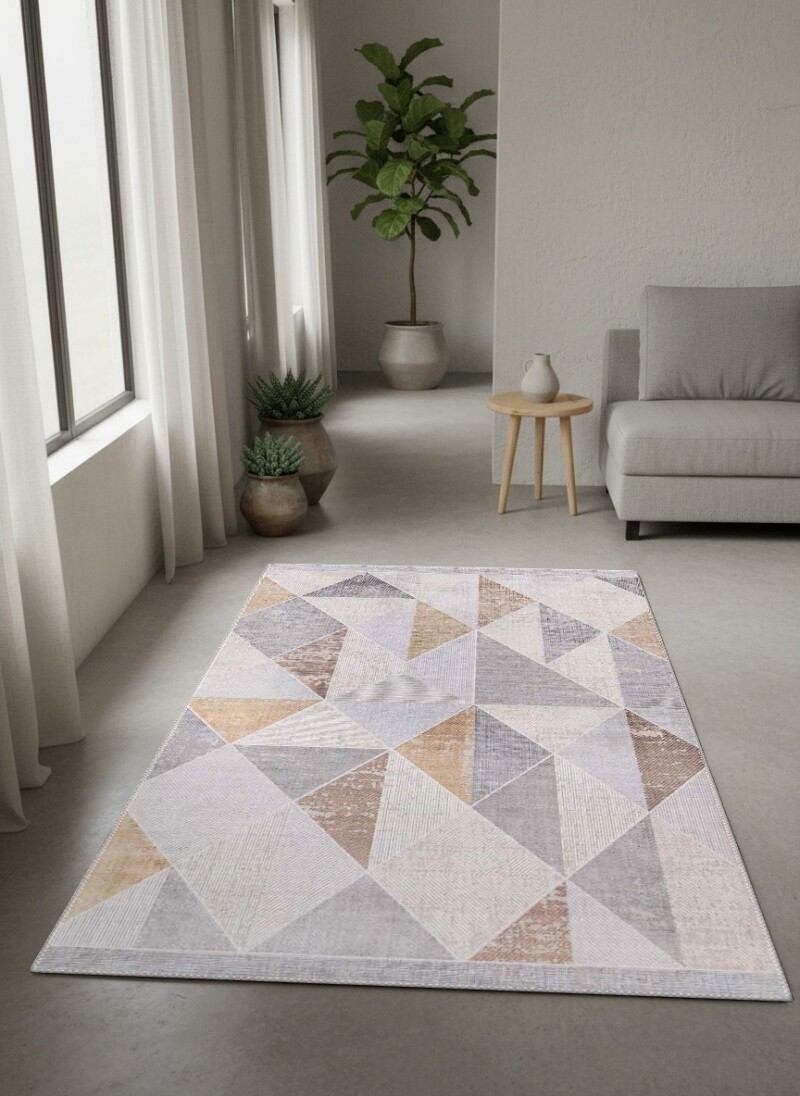 Gri Bej Krem Pastel Üçgen Elmas Patchwork Mozaik Farklı Dokulu Panel Geometrik Halı