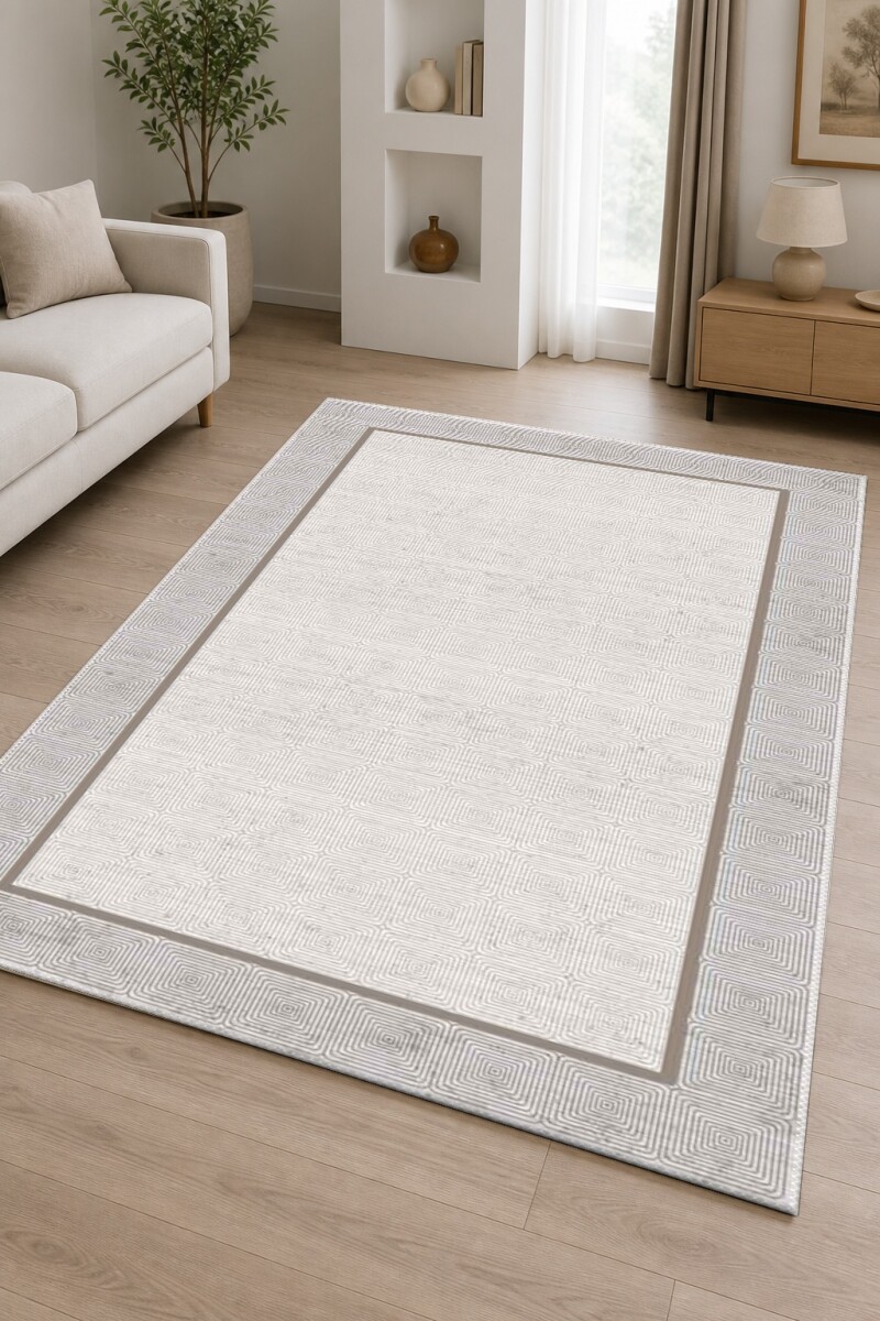 Krem Beyaz İç İçe Spiral Kare Labirent Tam Ekran Taupe Vizon İnce Çerçeve Halı