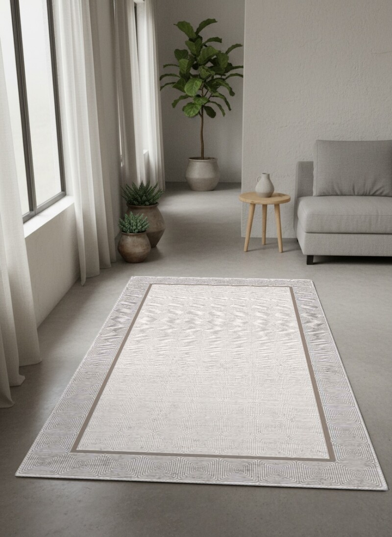 Krem Beyaz İç İçe Spiral Kare Labirent Tam Ekran Taupe Vizon İnce Çerçeve Halı