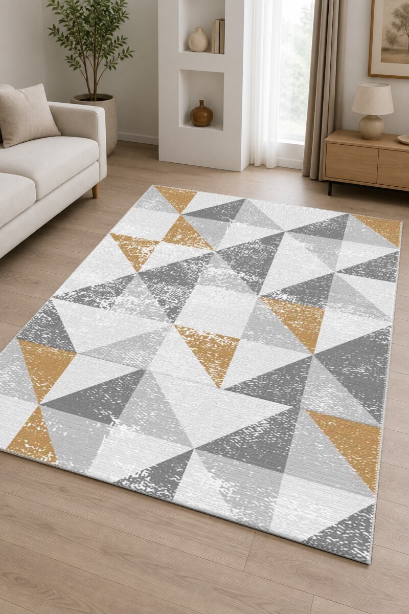 Gri Beyaz Krem Sarı Gold Vurgu Üçgen Patchwork Eskitme Geometrik Skandinav Halı
