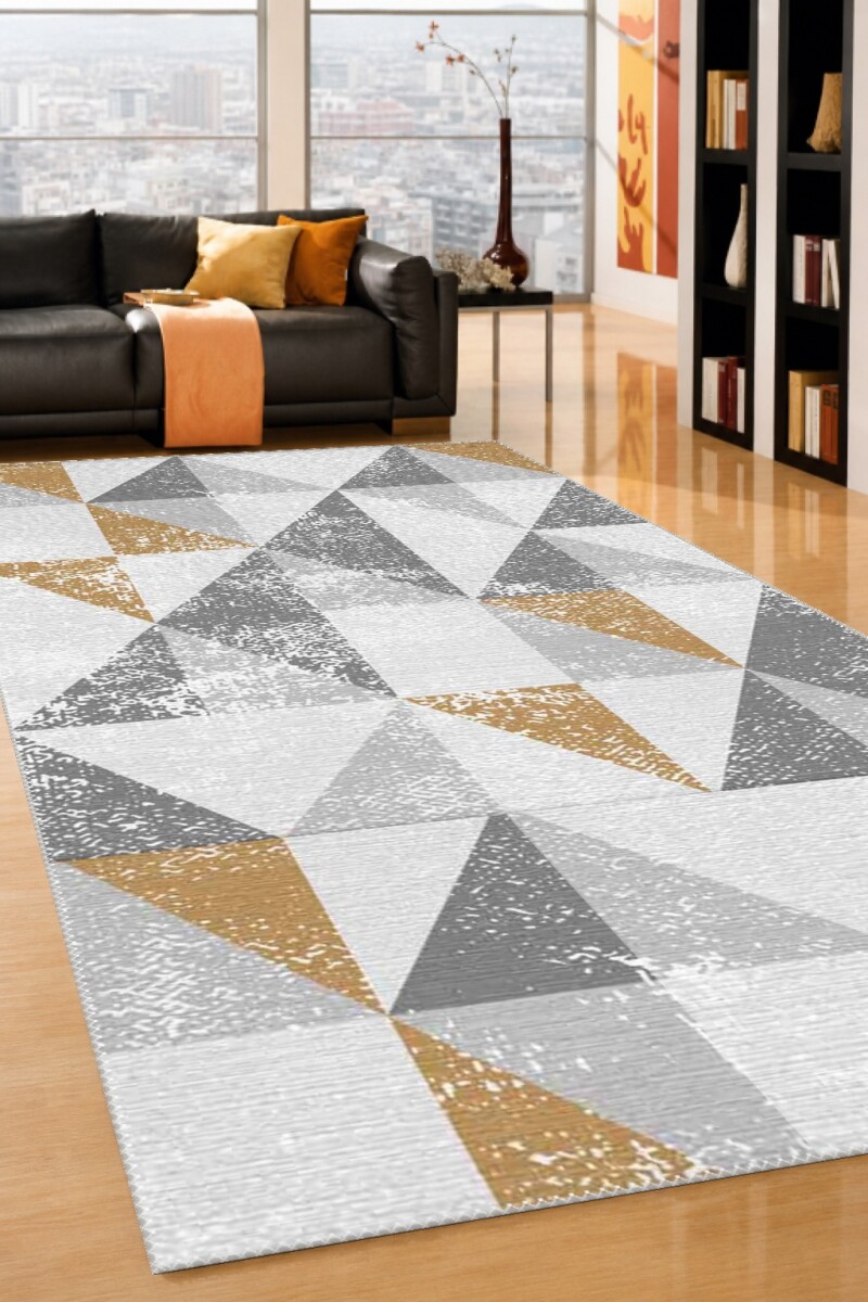 Gri Beyaz Krem Sarı Gold Vurgu Üçgen Patchwork Eskitme Geometrik Skandinav Halı