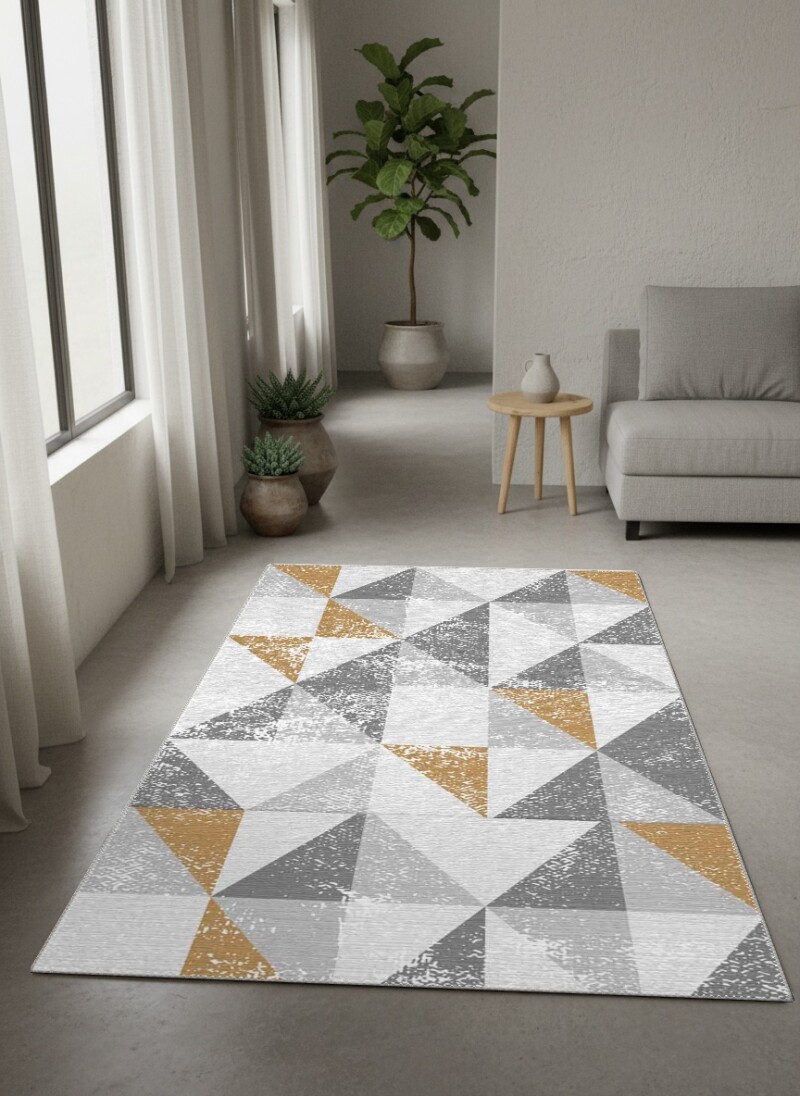 Gri Beyaz Krem Sarı Gold Vurgu Üçgen Patchwork Eskitme Geometrik Skandinav Halı