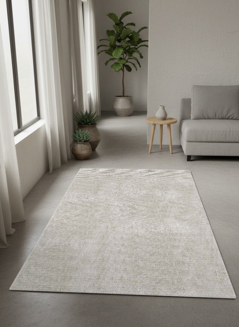 Açık Gri Bej Kadife Düz Dikey Çizgili Sade Çerçevesiz Minimal Tekstür Salon Halısı