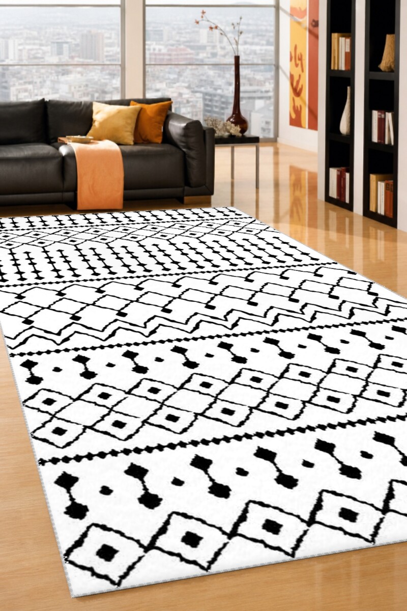 Beyaz Zemin Siyah Etnik Boho Yatay Bant Baklava Chevron Fas Tribal Dekoratif Halı