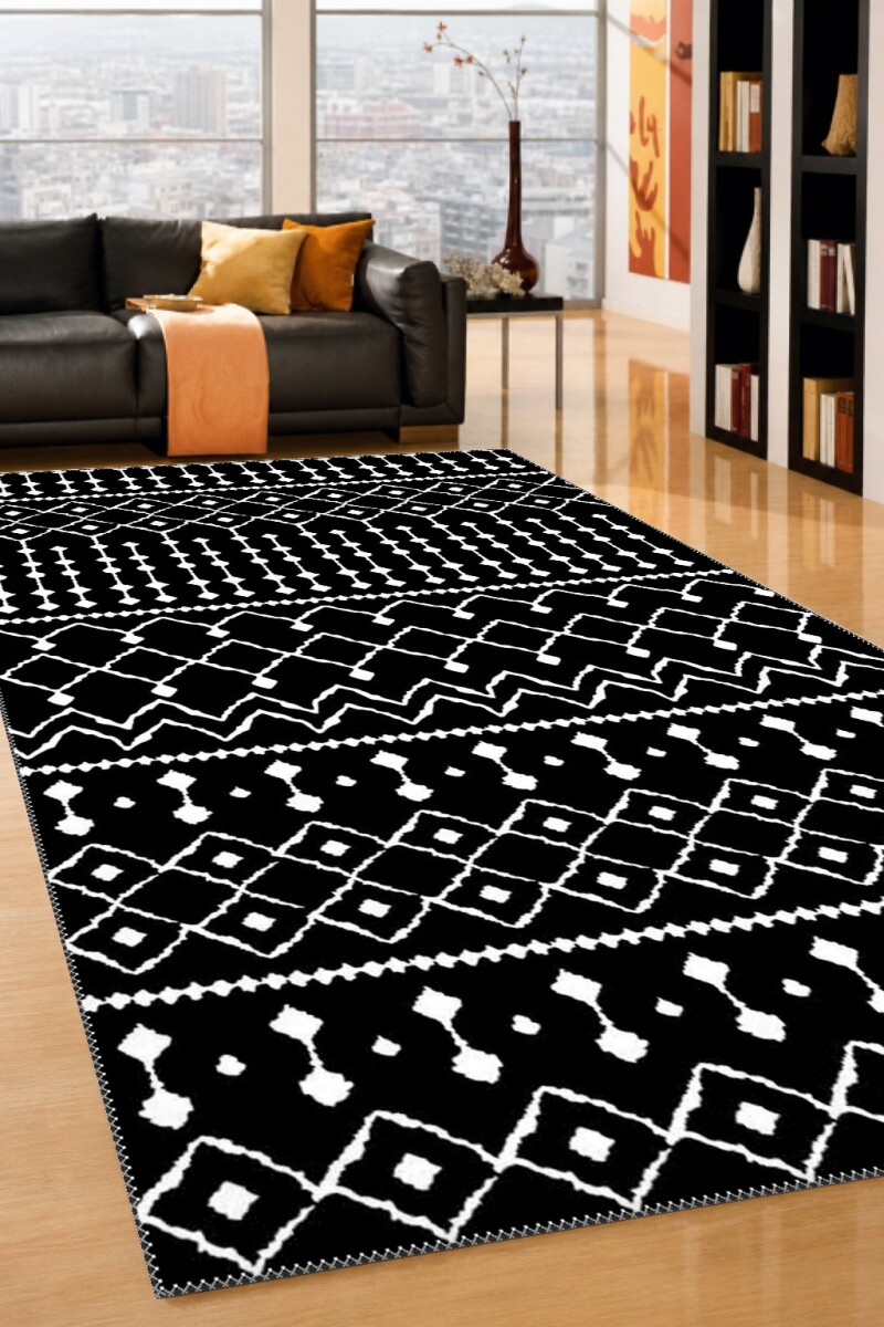 Siyah Zemin Beyaz Etnik Boho Yatay Bant Baklava Chevron Tribal Dramatik Salon Halısı
