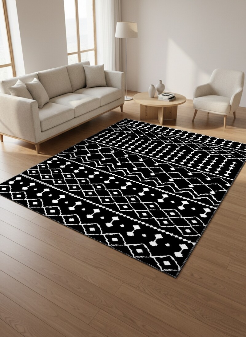 Siyah Zemin Beyaz Etnik Boho Yatay Bant Baklava Chevron Tribal Dramatik Salon Halısı