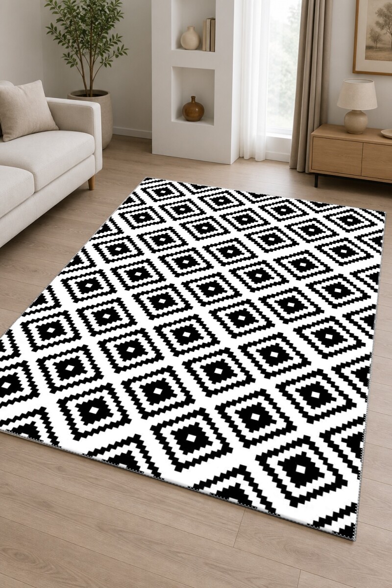 Beyaz Zemin Siyah Piksel İç İçe Kare Elmas Diyagonal Grafik Geometrik Salon Halısı