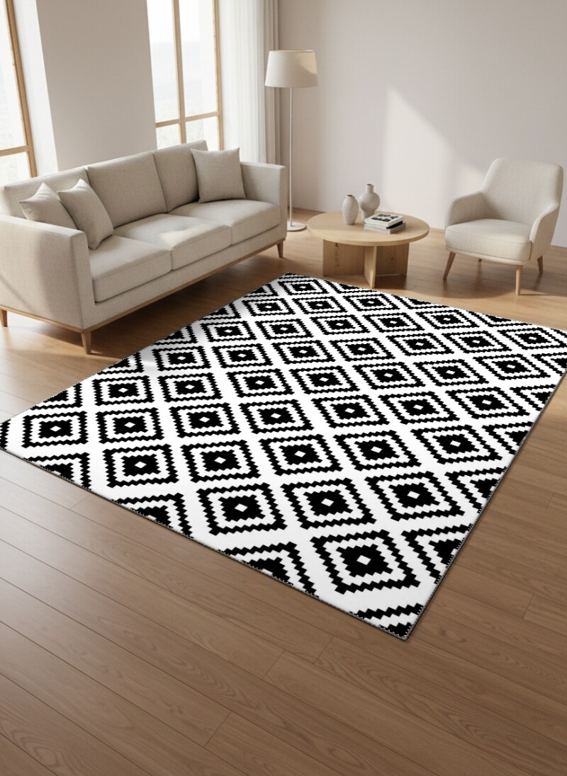 Beyaz Zemin Siyah Piksel İç İçe Kare Elmas Diyagonal Grafik Geometrik Salon Halısı