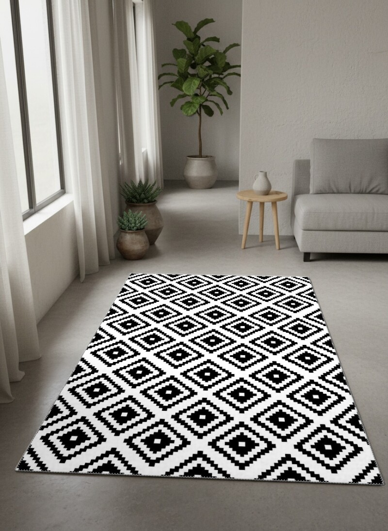 Beyaz Zemin Siyah Piksel İç İçe Kare Elmas Diyagonal Grafik Geometrik Salon Halısı