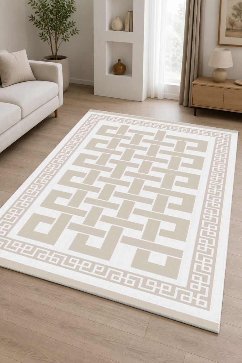 Krem Beyaz Zemin Bej Kum Labirent Greek Key Düğüm İç Desen Greek Key Bordürlü Halı