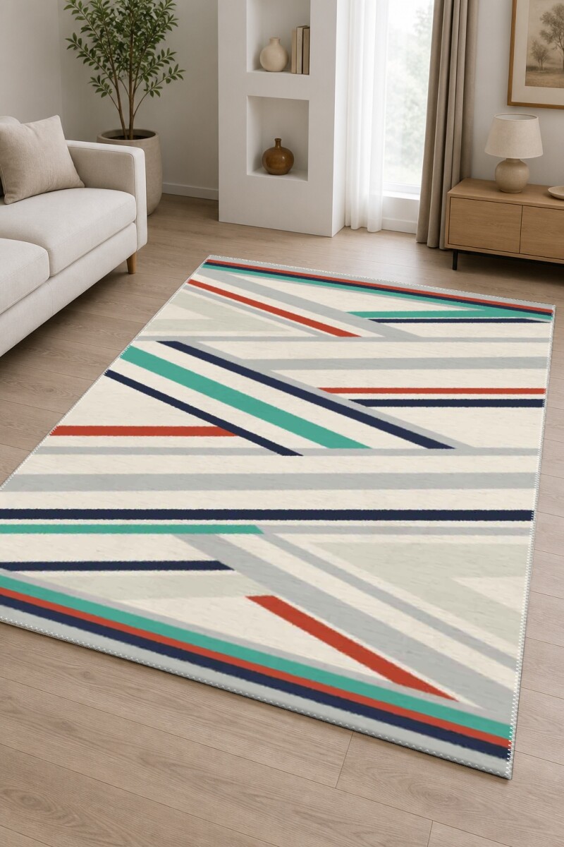 Krem Zemin Çapraz Gri Lacivert Kırmızı Teal Renkli Şeritli Art Deco Geometrik Salon Halısı