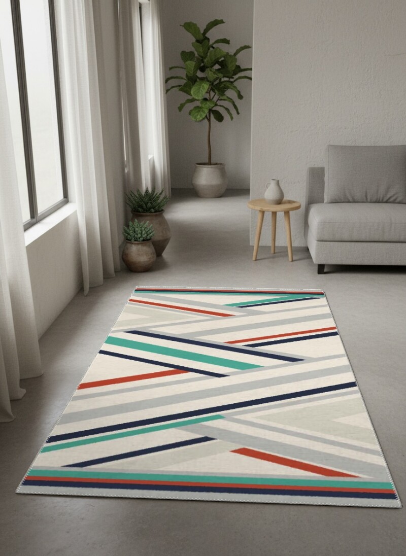 Krem Zemin Çapraz Gri Lacivert Kırmızı Teal Renkli Şeritli Art Deco Geometrik Salon Halısı