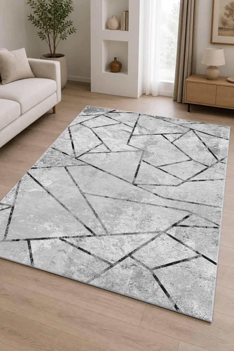 Açık Gri Beton Taş Zemin Siyah İnce Çizgili Kırık Mozaik Poligon Geometrik Salon Halısı
