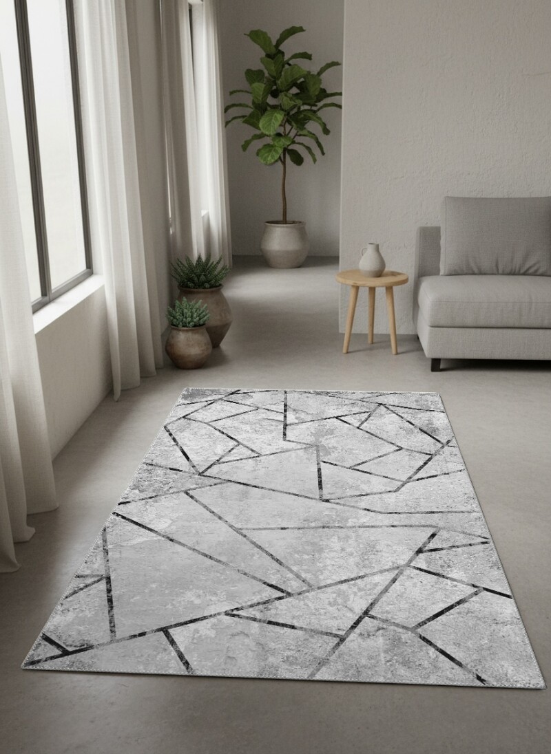 Açık Gri Beton Taş Zemin Siyah İnce Çizgili Kırık Mozaik Poligon Geometrik Salon Halısı