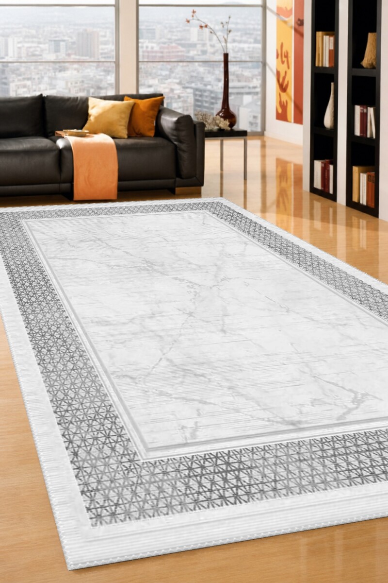 Beyaz Mermer Damarlı Zemin Gri Silver Geometrik Kafes Bordürlü Lüks Salon Halısı