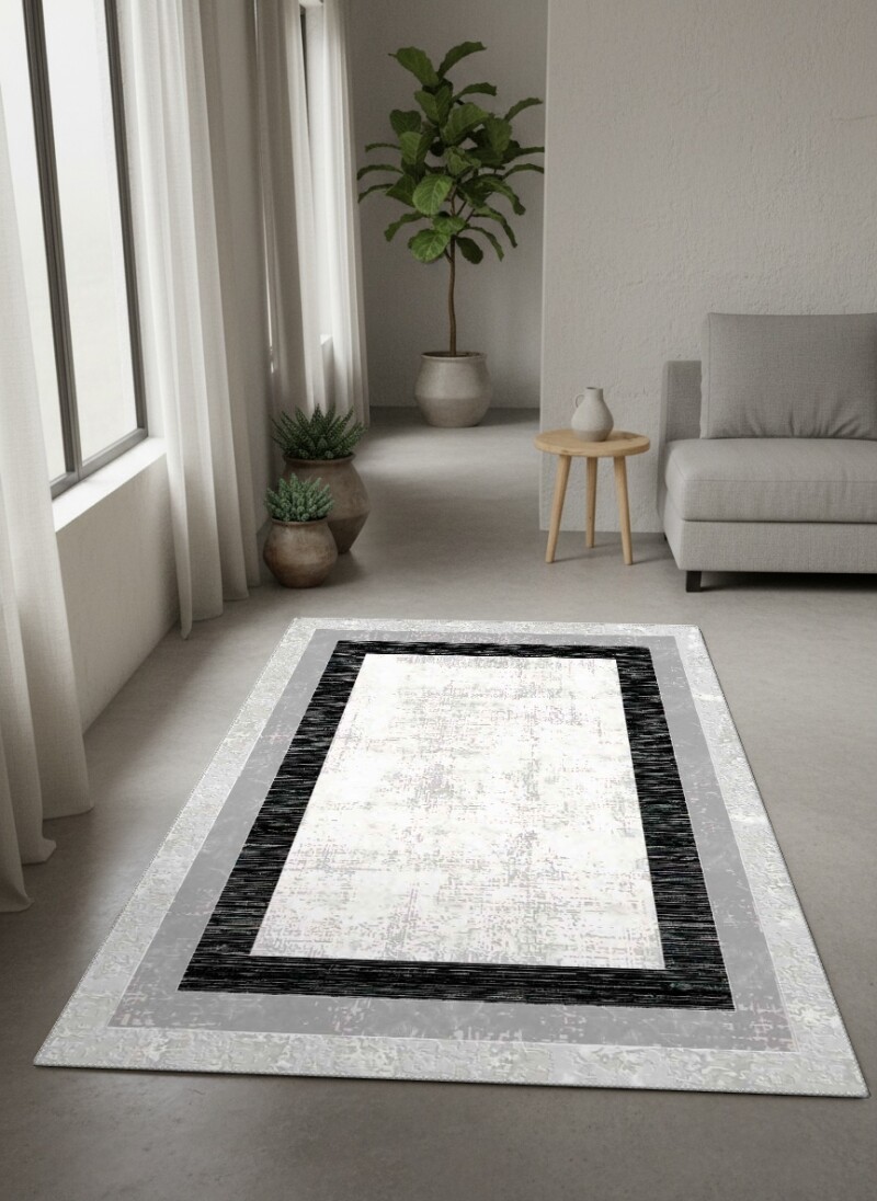 Beyaz Krem Eskitme Zemin Gri Dış Siyah Antrasit Çizgili İç Çift Çerçeve Minimalist Salon Halısı