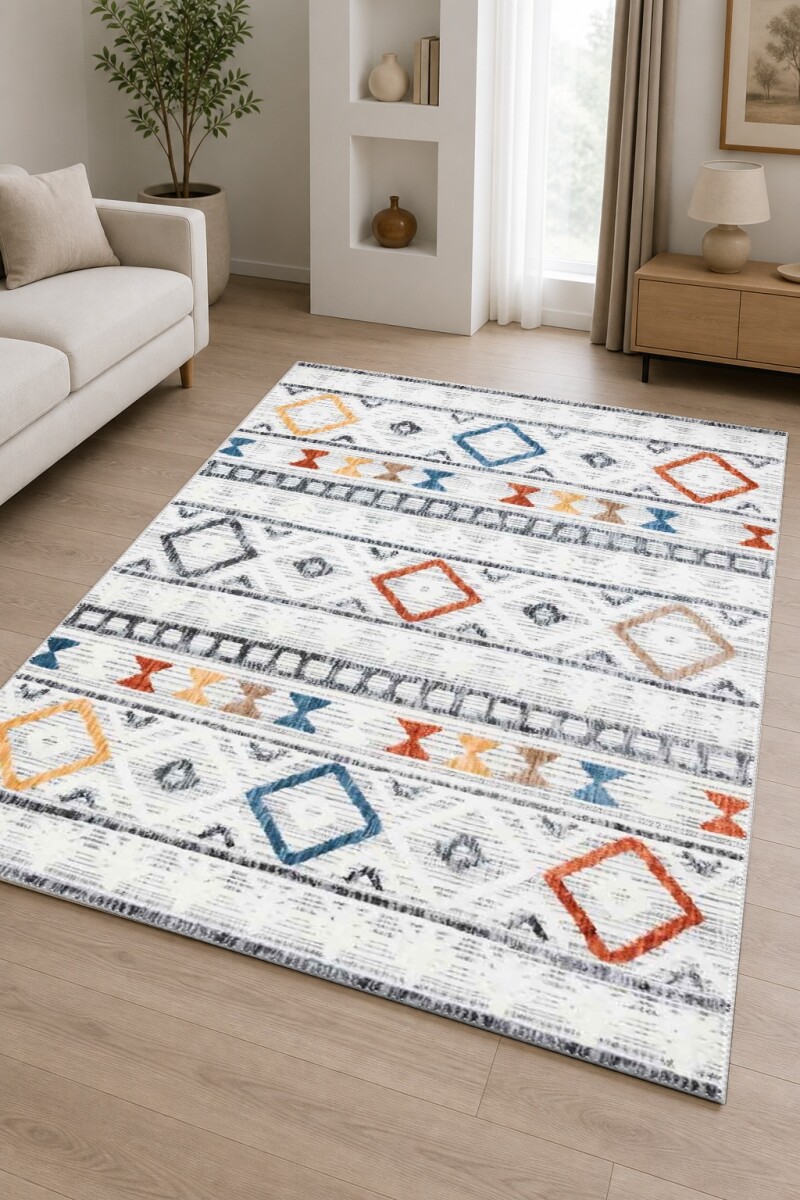 Beyaz Keten Zemin Sarı Turuncu Mavi Kırmızı Renkli Etnik Boho Kilim Yatay Bant Salon Halısı