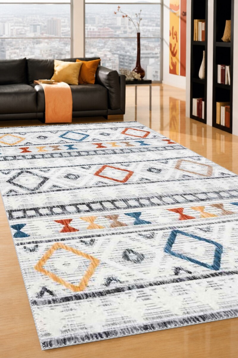 Beyaz Keten Zemin Sarı Turuncu Mavi Kırmızı Renkli Etnik Boho Kilim Yatay Bant Salon Halısı
