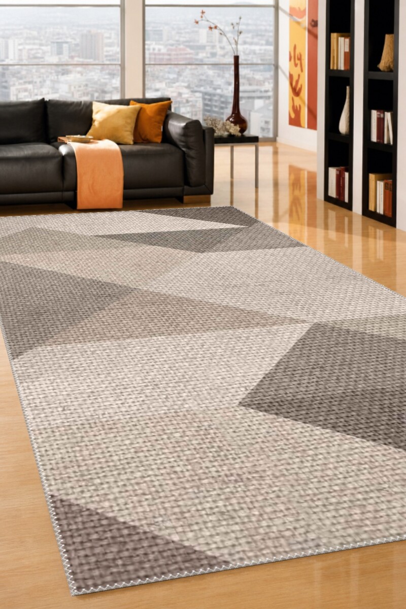 Keten Çuval Dokulu Krem Gri Kahve Büyük Chevron Ok Diyagonal Geometrik Patchwork Salon Halısı