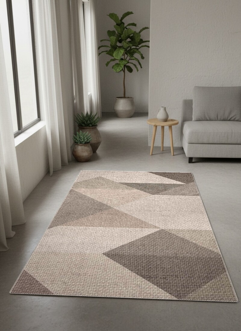 Keten Çuval Dokulu Krem Gri Kahve Büyük Chevron Ok Diyagonal Geometrik Patchwork Salon Halısı