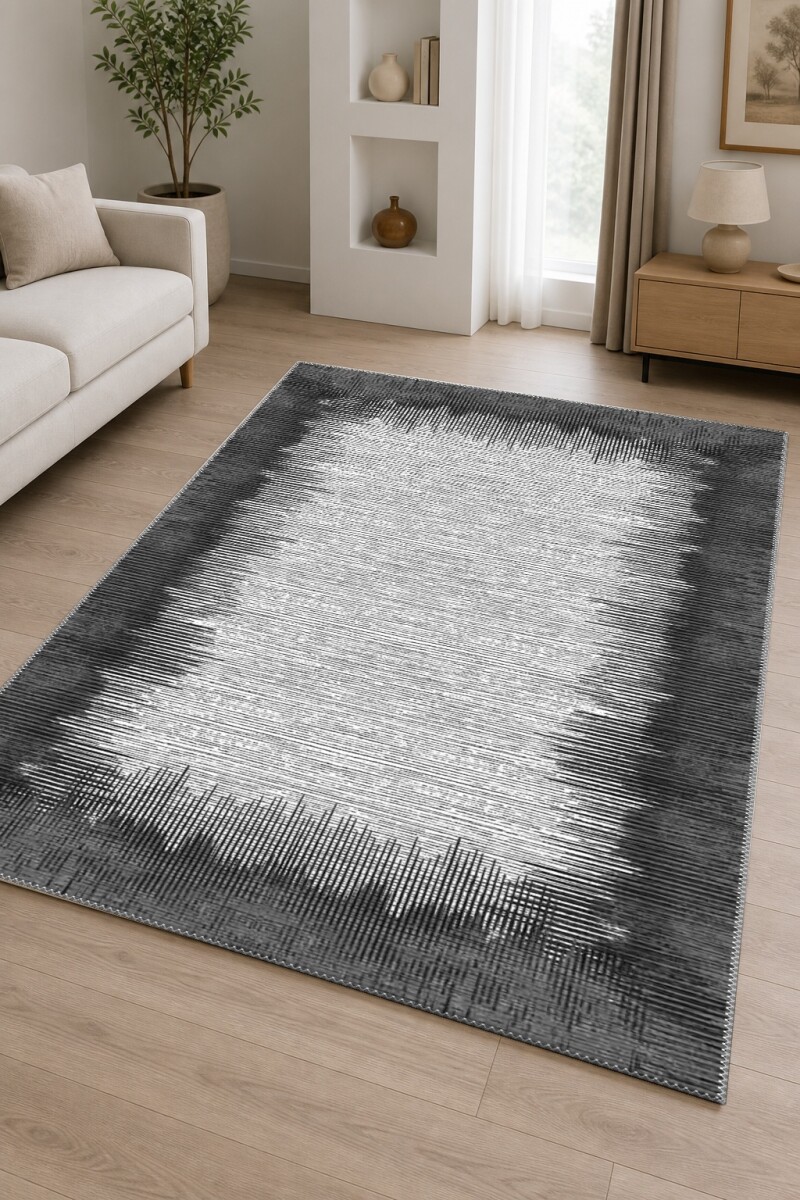 Siyah Antrasit Kenar Beyaz Merkez Dikey Çizgili Halo Soyut Geçişli Minimal Salon Halısı