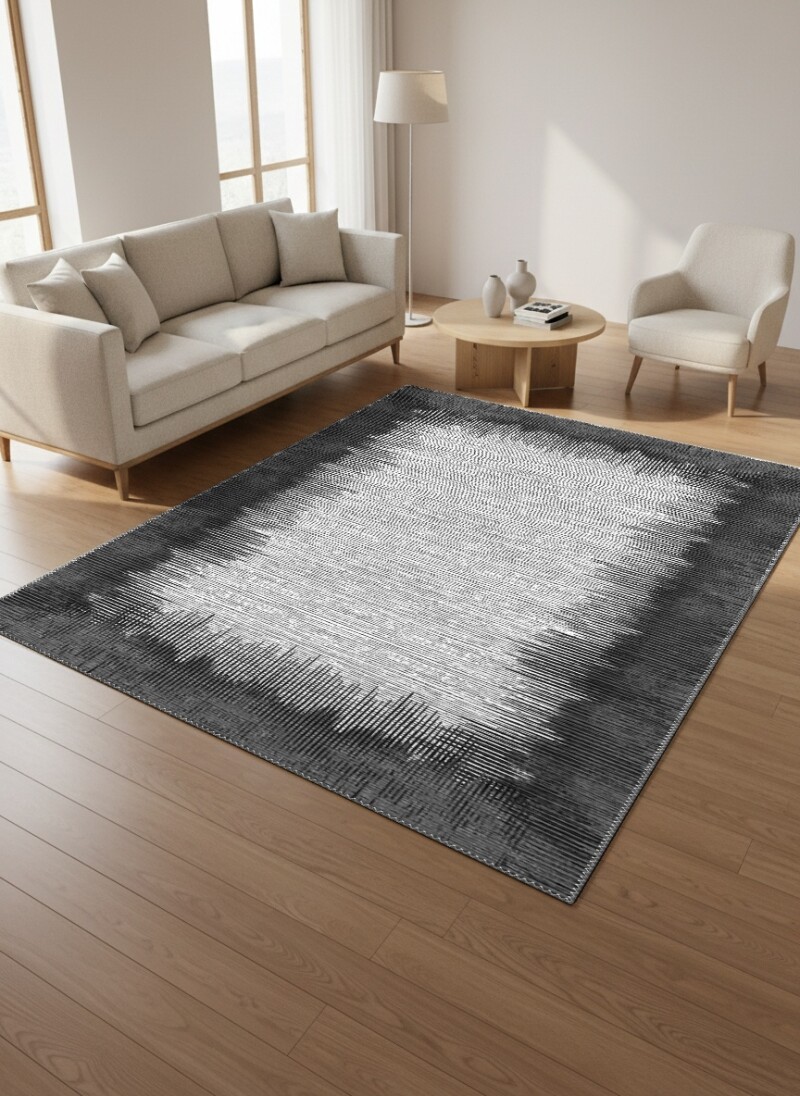 Siyah Antrasit Kenar Beyaz Merkez Dikey Çizgili Halo Soyut Geçişli Minimal Salon Halısı