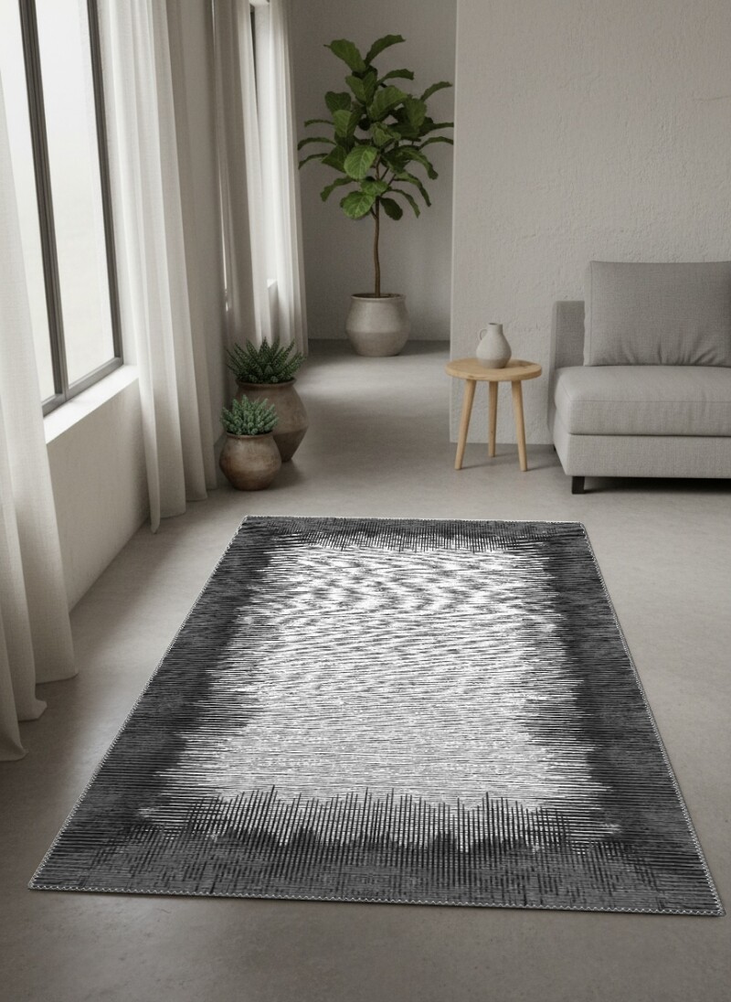 Siyah Antrasit Kenar Beyaz Merkez Dikey Çizgili Halo Soyut Geçişli Minimal Salon Halısı
