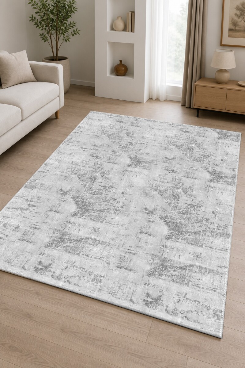 Açık Gri Soyut Eskitme Doku Büyük Kare Bölümlü Monokrom Minimal Salon Halısı