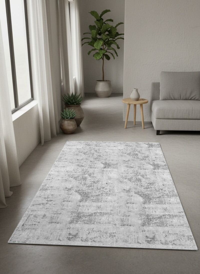 Açık Gri Soyut Eskitme Doku Büyük Kare Bölümlü Monokrom Minimal Salon Halısı