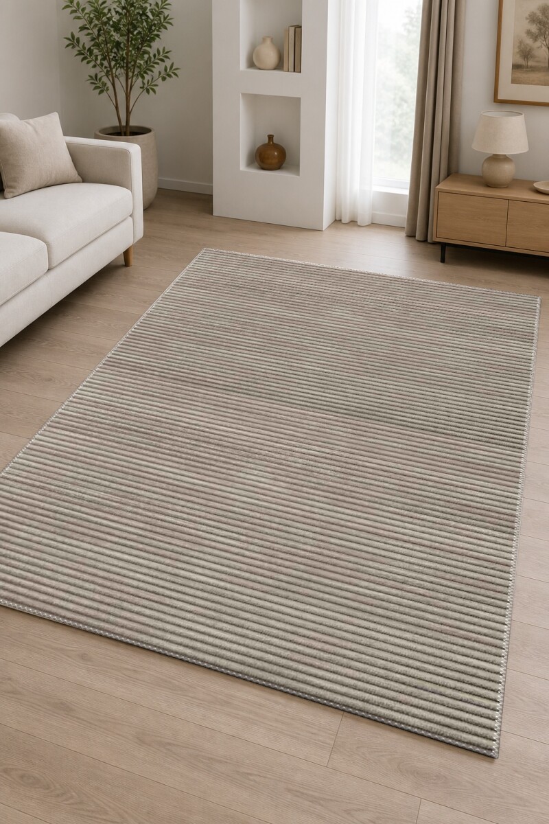 Taupe Vizon Düz Yatay İnce Çizgili Kadife Doku Sade Minimal Salon Halısı