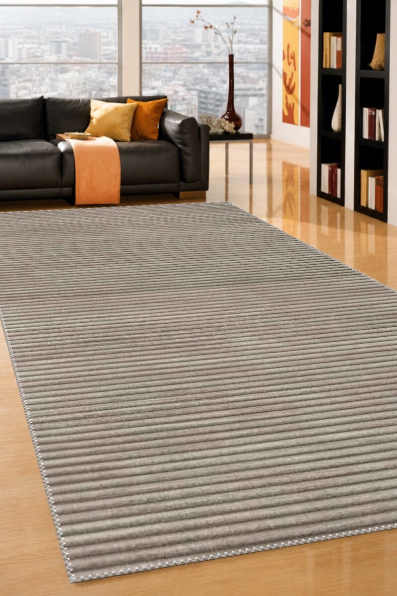 Taupe Vizon Düz Yatay İnce Çizgili Kadife Doku Sade Minimal Salon Halısı