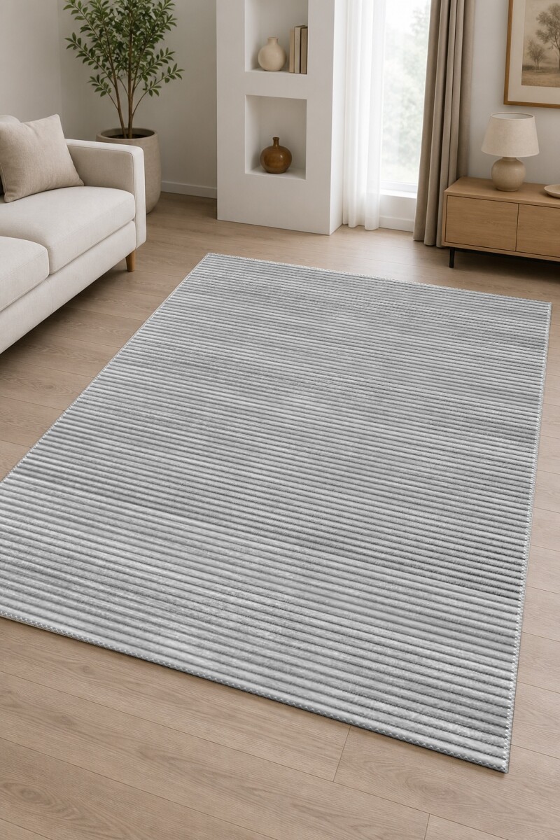 Gri Silver Düz Yatay İnce Çizgili Kadife Doku Sade Minimal Salon Halısı