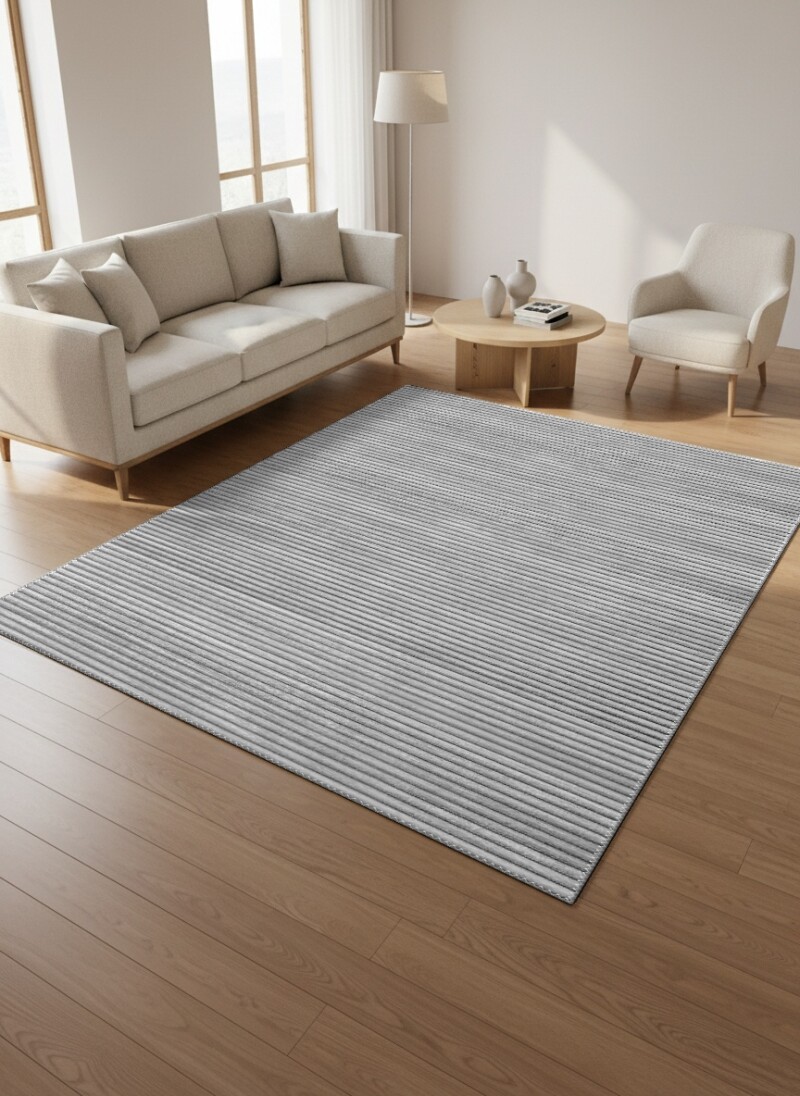 Gri Silver Düz Yatay İnce Çizgili Kadife Doku Sade Minimal Salon Halısı