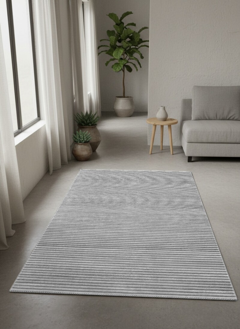 Gri Silver Düz Yatay İnce Çizgili Kadife Doku Sade Minimal Salon Halısı