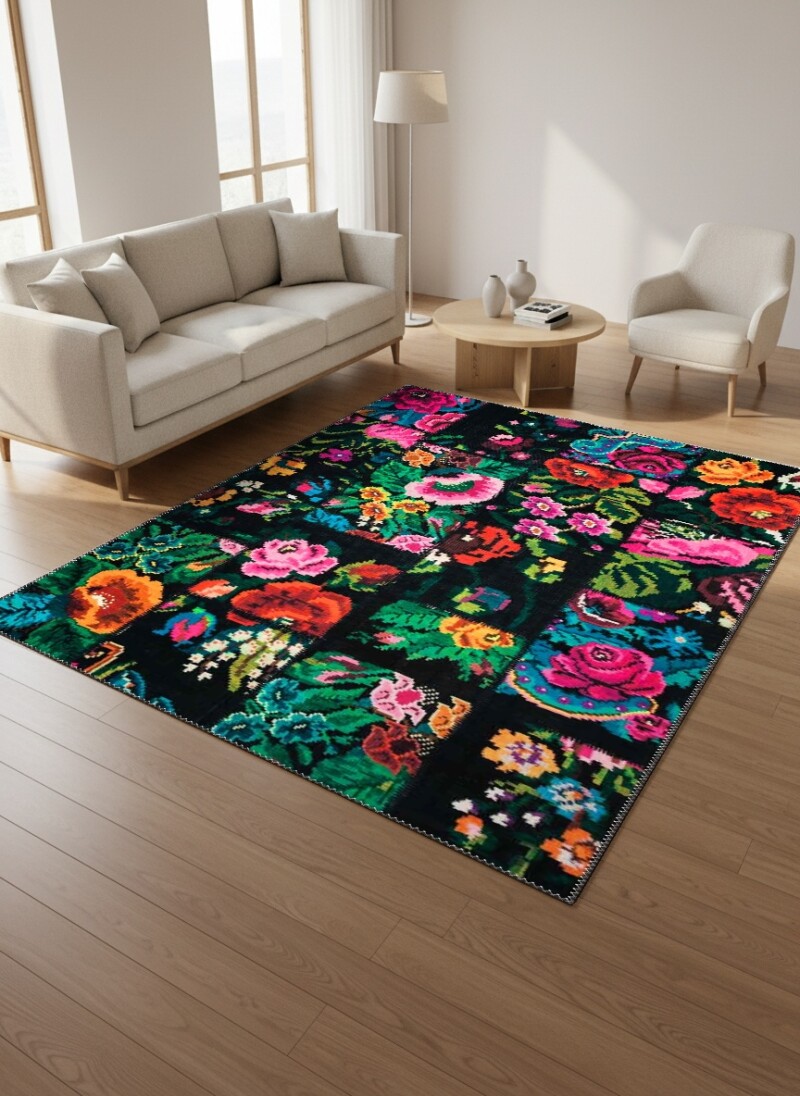 Koyu Siyah Zemin Canlı Pembe Turuncu Yeşil Çiçek Patchwork Folk Art Botanik Salon Halısı