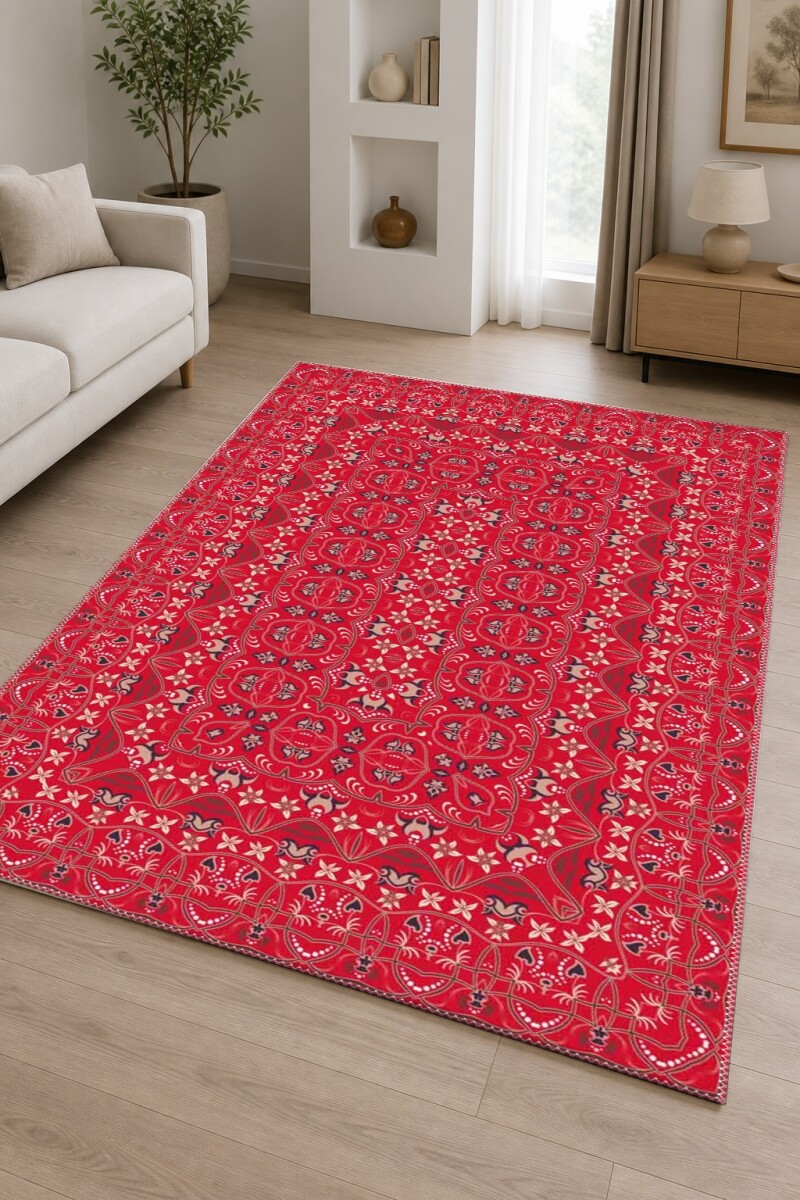 Kırmızı Zemin Krem Lacivert Osmanlı Anadolu Klasik Kilim Motifli Tam Alan Salon Halısı