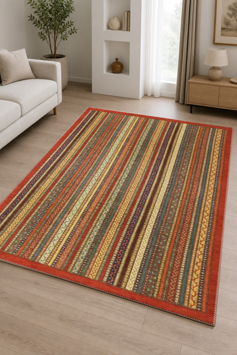 Kırmızı Bordürlü Çok Renkli Dikey Şeritli Sarı Yeşil Mavi Afgan Kazak Kilim Tarzı Salon Halısı