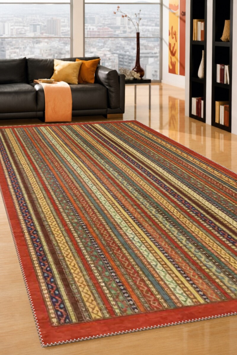 Kırmızı Bordürlü Çok Renkli Dikey Şeritli Sarı Yeşil Mavi Afgan Kazak Kilim Tarzı Salon Halısı