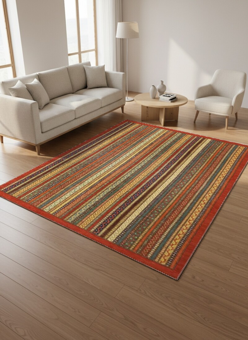 Kırmızı Bordürlü Çok Renkli Dikey Şeritli Sarı Yeşil Mavi Afgan Kazak Kilim Tarzı Salon Halısı