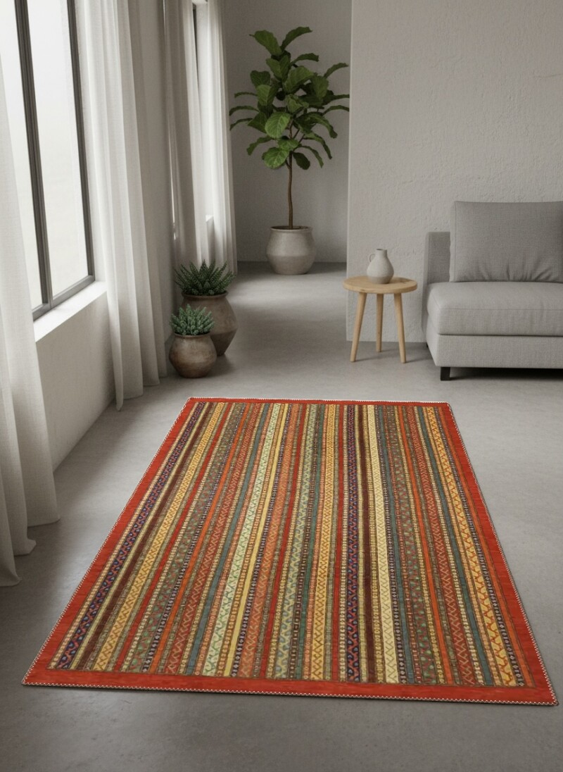 Kırmızı Bordürlü Çok Renkli Dikey Şeritli Sarı Yeşil Mavi Afgan Kazak Kilim Tarzı Salon Halısı