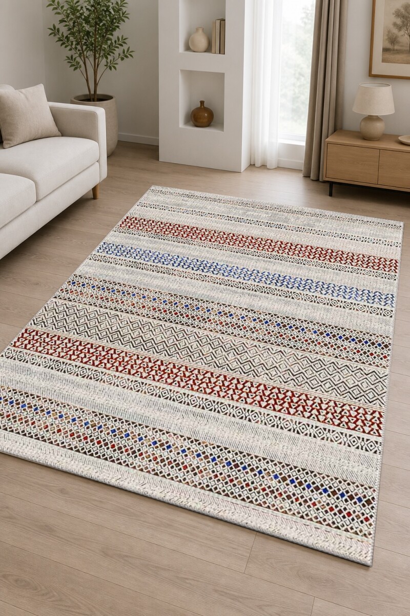 Krem Keten Zemin Kırmızı Mavi Bej Etnik Tribal Yatay Şeritli Baklava Üçgen Kilim Salon Halısı