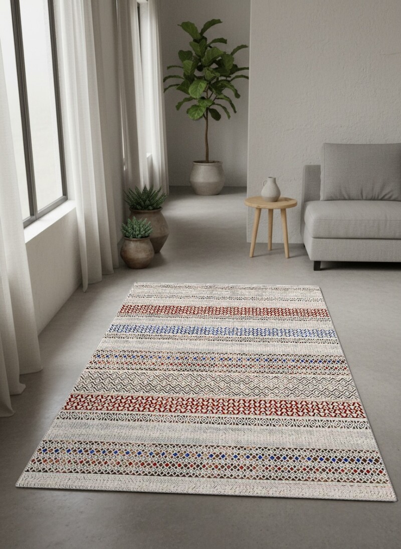 Krem Keten Zemin Kırmızı Mavi Bej Etnik Tribal Yatay Şeritli Baklava Üçgen Kilim Salon Halısı