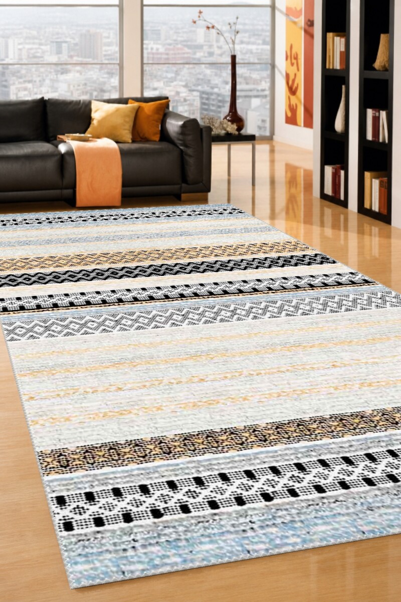 Krem Bej Zemin Pastel Mavi Amber Sarı Etnik Yatay Bant Baklava Zigzag Bohem Salon Halısı