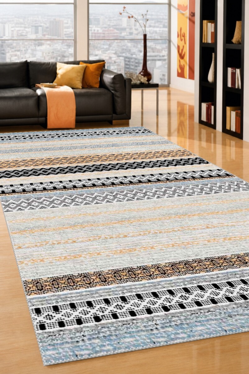 Krem Bej Zemin Mavi Amber Etnik Boho Yatay Şeritli Baklava Zigzag Geometrik Salon Halısı
