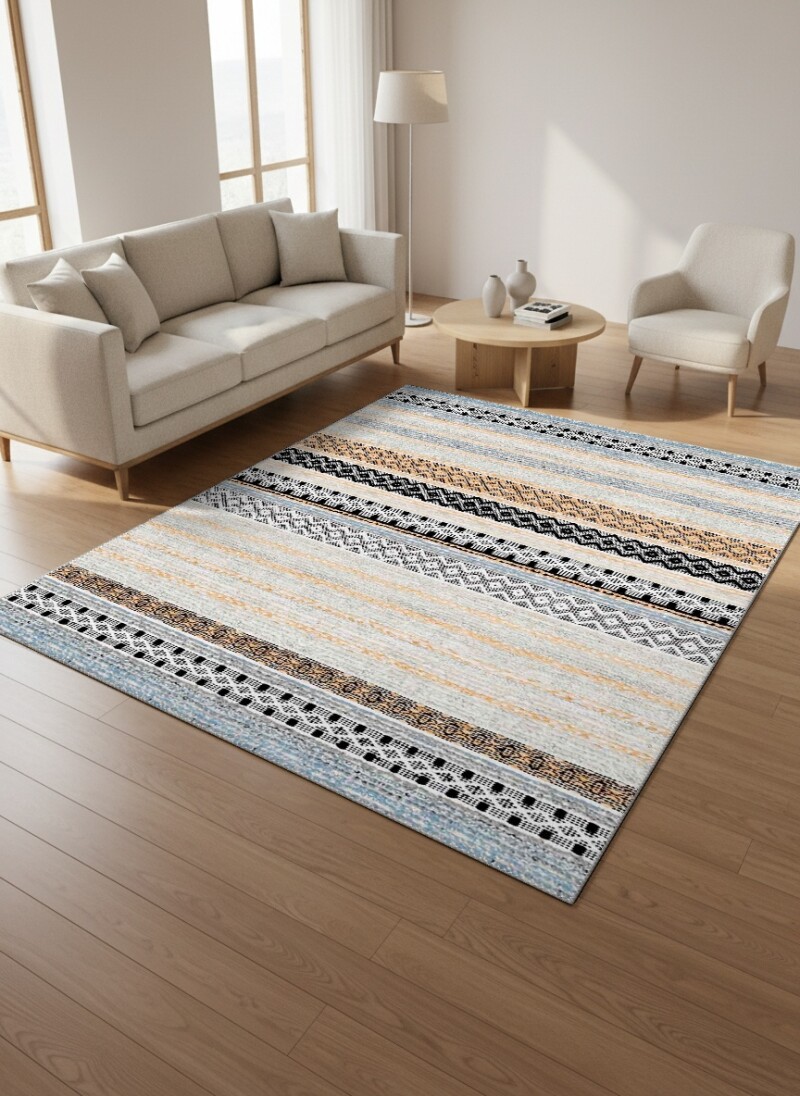 Krem Bej Zemin Mavi Amber Etnik Boho Yatay Şeritli Baklava Zigzag Geometrik Salon Halısı