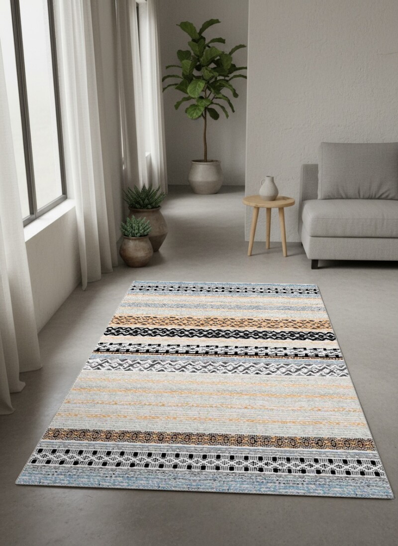 Krem Bej Zemin Mavi Amber Etnik Boho Yatay Şeritli Baklava Zigzag Geometrik Salon Halısı