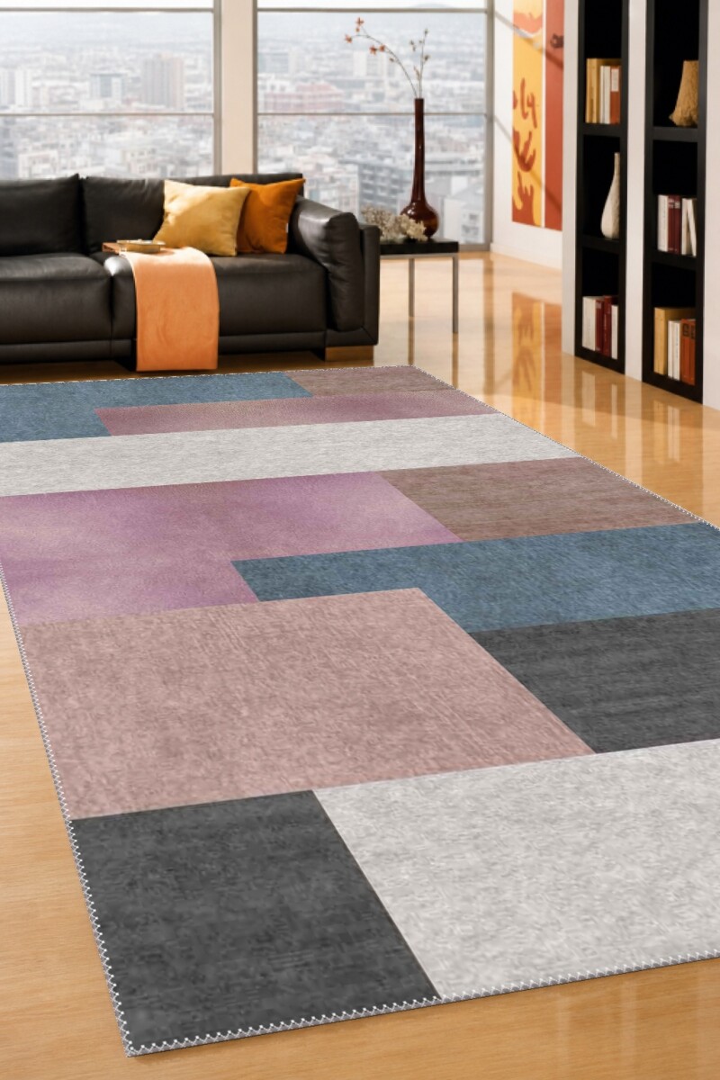 Pastel Mavi Pembe Lila Krem Taupe Gri Renk Bloklu Geometrik Patchwork Modern Salon Halısı