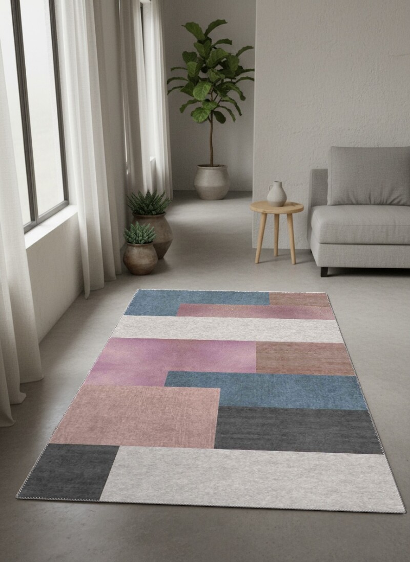 Pastel Mavi Pembe Lila Krem Taupe Gri Renk Bloklu Geometrik Patchwork Modern Salon Halısı