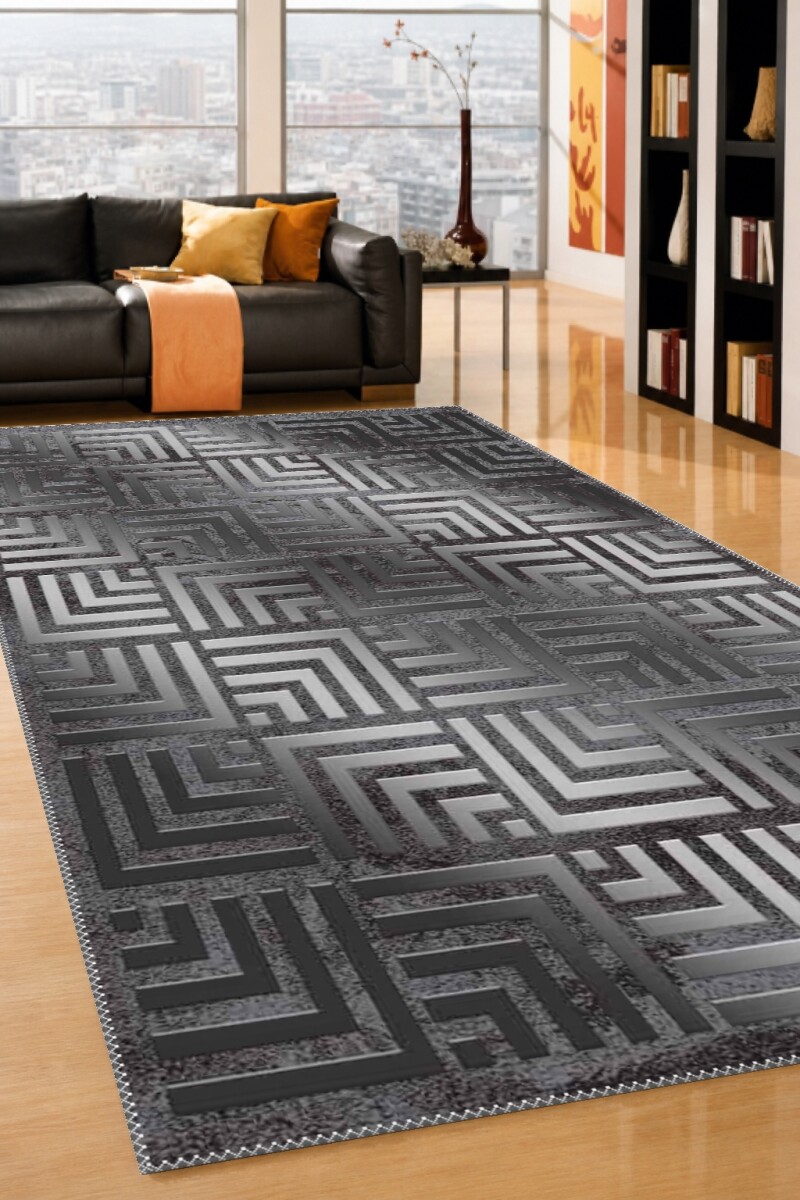 Antrasit Gri Eskitme Zemin Silver Metalik Greek Key Labirent 3D Efektli Tekrarlayan Salon Halısı