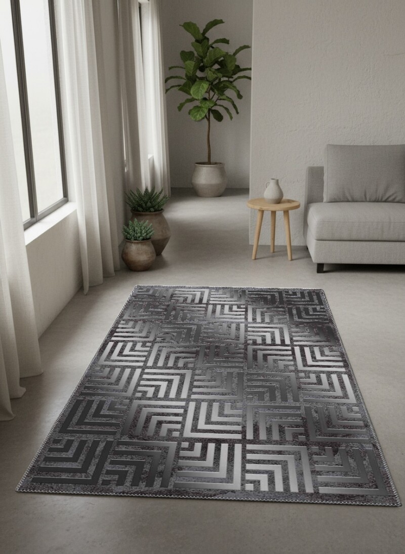 Antrasit Gri Eskitme Zemin Silver Metalik Greek Key Labirent 3D Efektli Tekrarlayan Salon Halısı